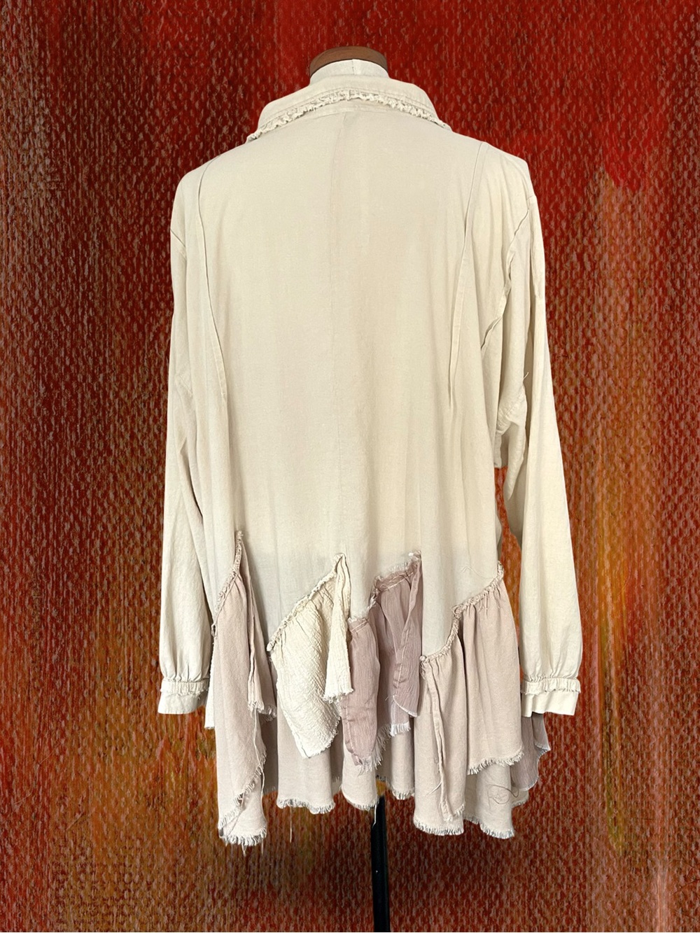 Oli & Hali Mixed Media Boho Distressed Ruffle Shacket Jacket Beige Pink Sz XL - Picture 6 of 8